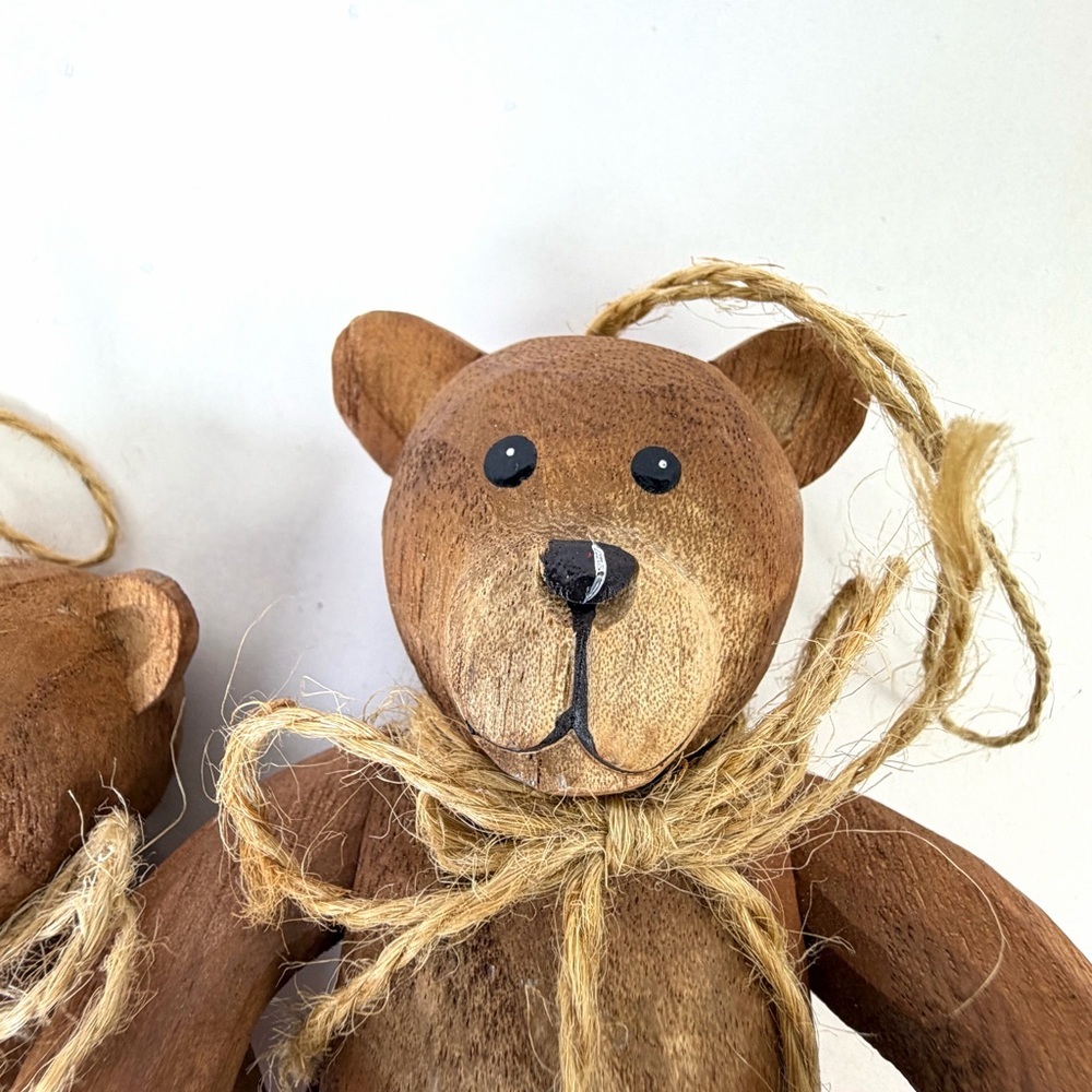 Rustic Wood Teddy Bear Ornaments Set 3 Farmhouse Cottage Decor - Picture 6 of 12